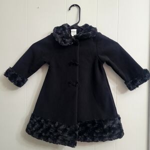Toddler's Coat, Black With Faux Fur Trim In Black, Size 24M